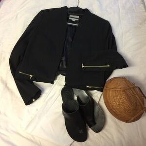 H&M Women's Black Blazer with Gold Zipper Accents, Gently Used Size 10
